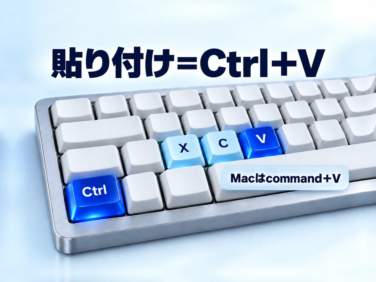 パソコンの貼り付けキーCtrl＋Vと、コピーのC・切り取りのXのキー位置の図