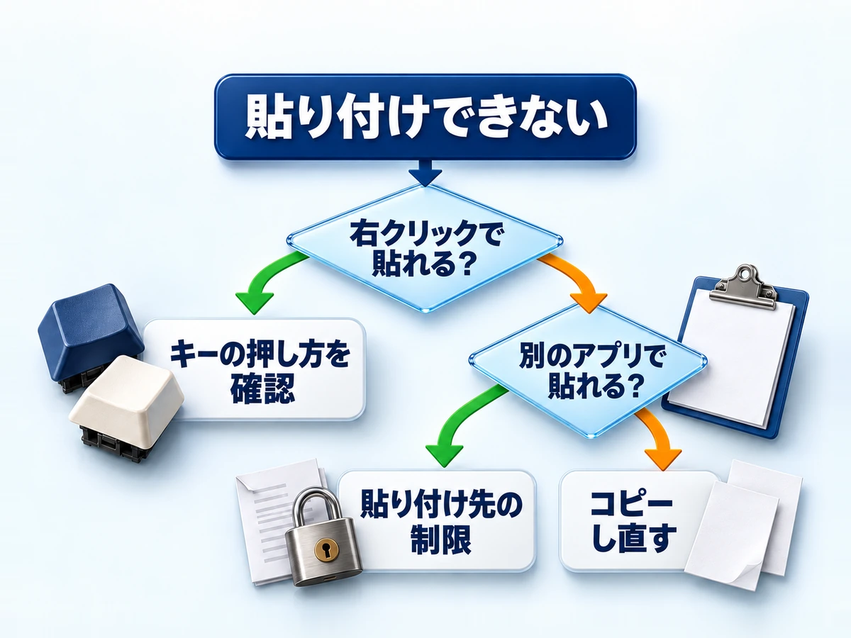貼り付けできないときにコピー元と貼り付け先のどちらが原因かを分ける確認の流れ図