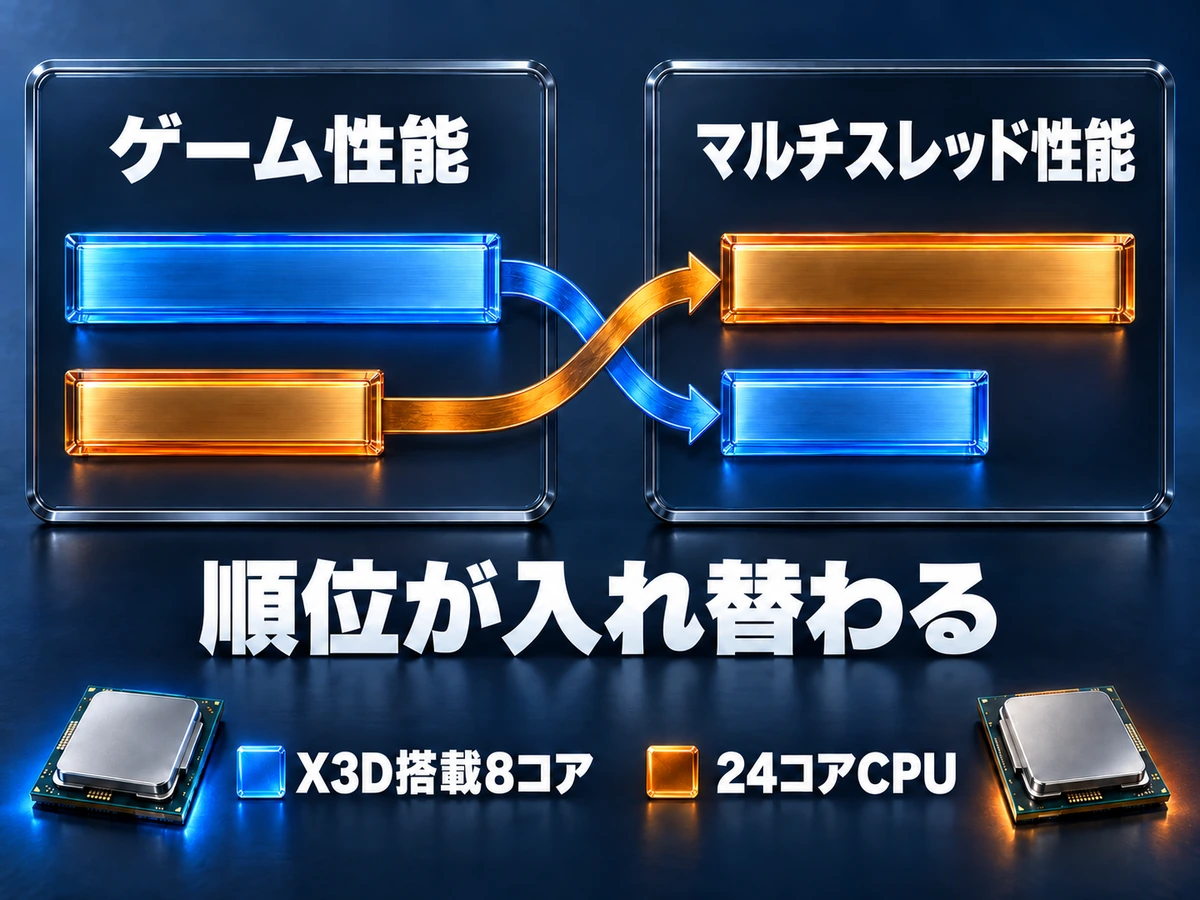 X3D搭載8コアと24コアCPUでゲーム性能とマルチスレッド性能の順位が入れ替わる様子を示した棒グラフ