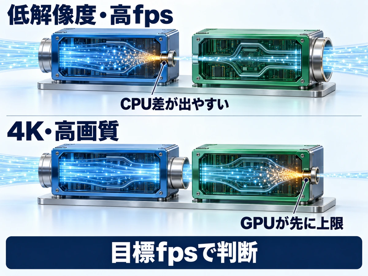 低解像度・高fpsではCPU差が出やすく4K高画質ではGPUが先に上限になる関係を示した図