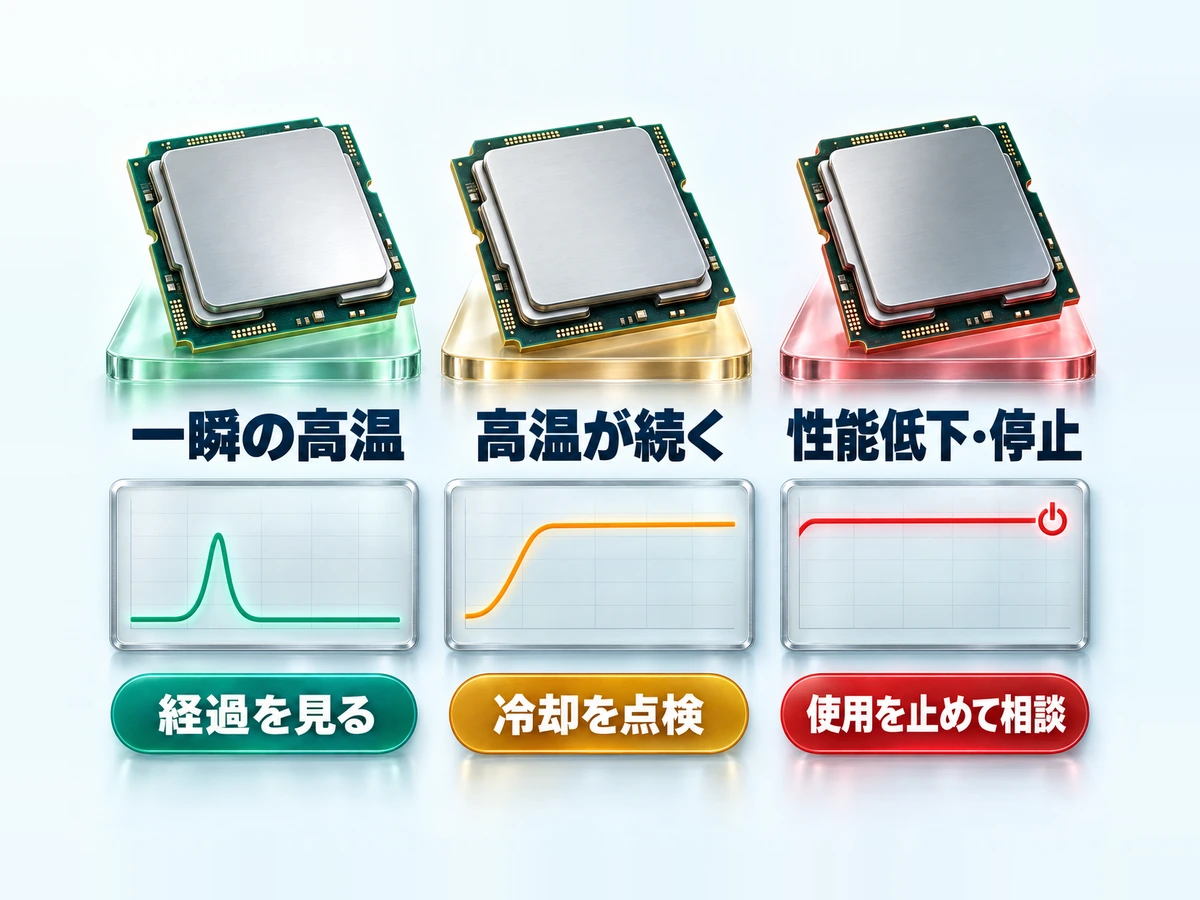 CPU温度が一瞬高いか続くか症状があるかで次の行動を分ける図