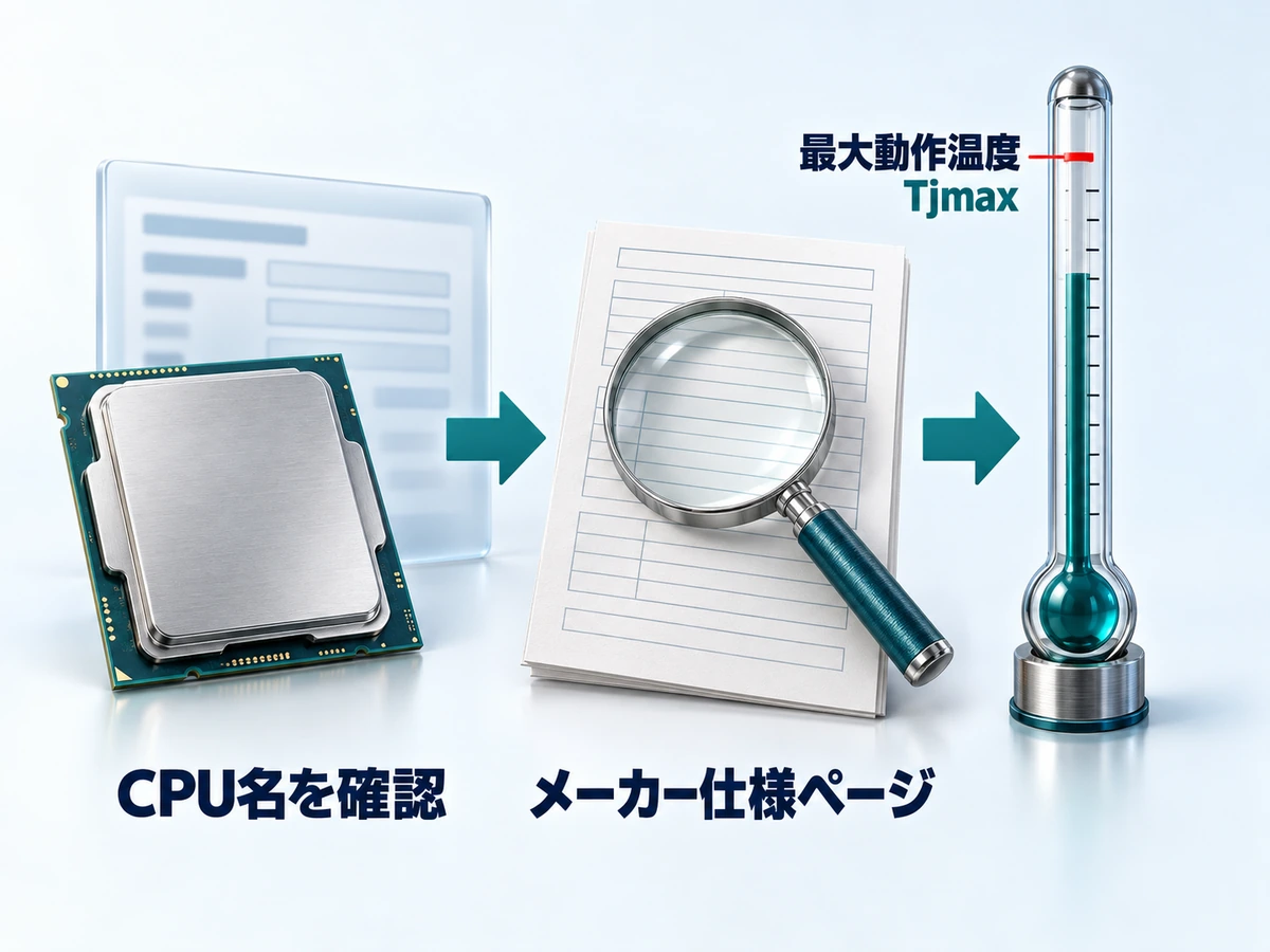 自分のCPUの上限温度を公式仕様で調べる手順の図