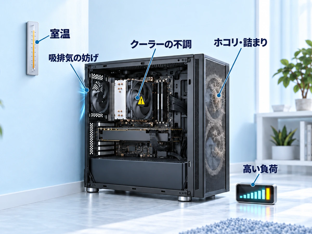 CPU温度が高くなる主な原因を5つ示したPC内部の図