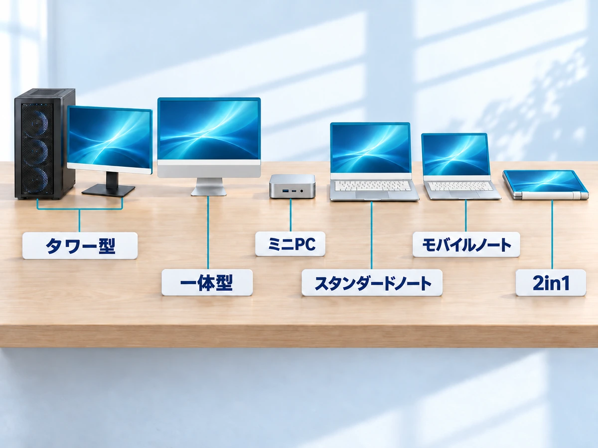 デスクトップとノートの種類(タワー型・一体型・ミニPC・ノート・2in1)を並べた図