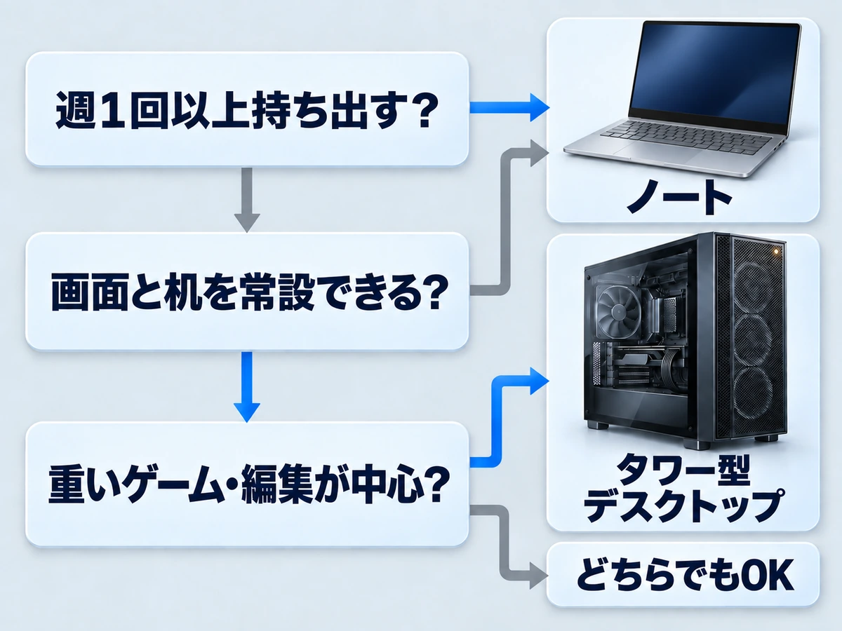 デスクトップとノートのどっちを選ぶか3つの質問で判断するフローチャート