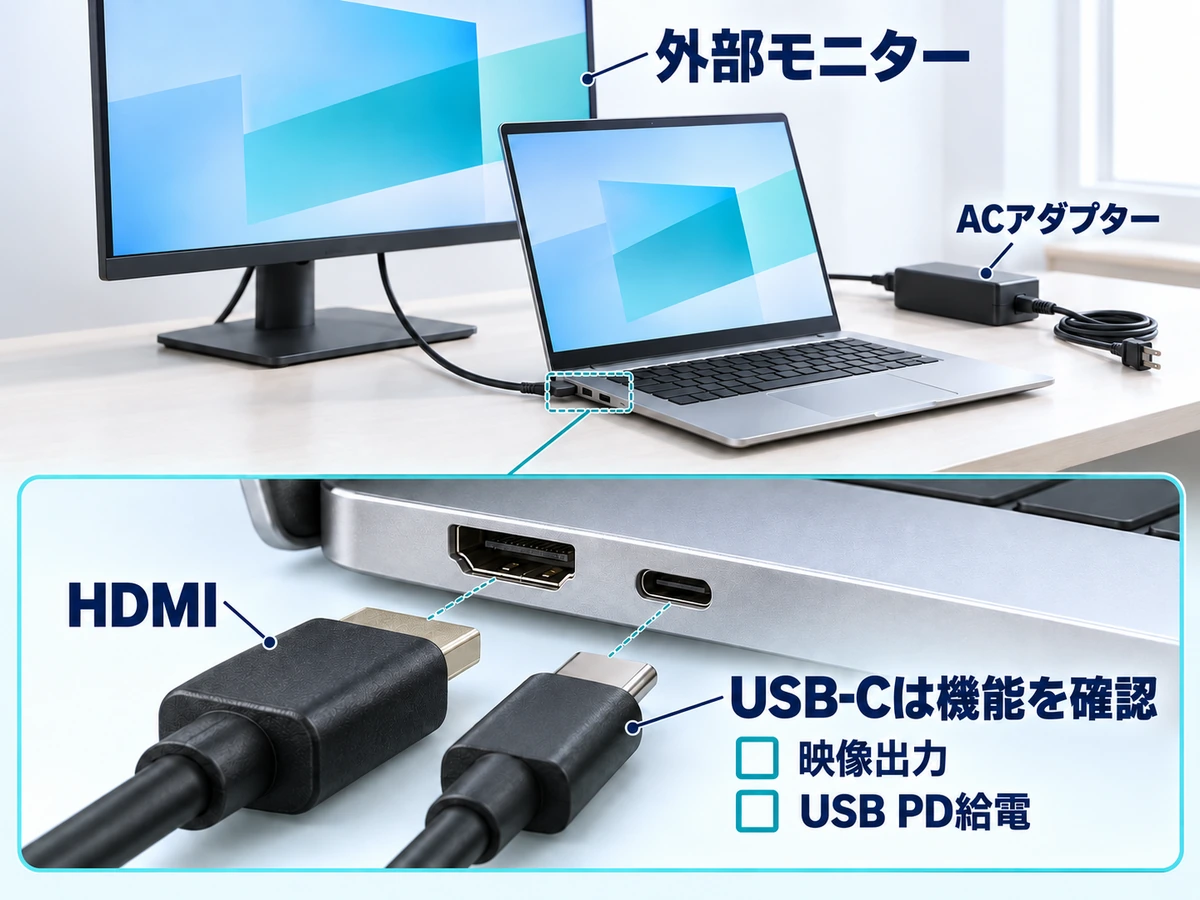 ノートを外部モニターにつないでデスクトップのように使うときの端子と給電の確認点を示す図