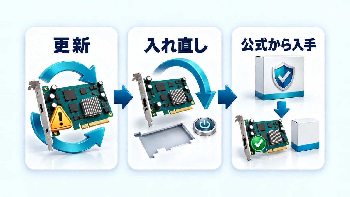 デバイスマネージャーのビックリマークを、ドライバーの更新・入れ直し・公式サイトからの入手の順で消す流れのイメージ図