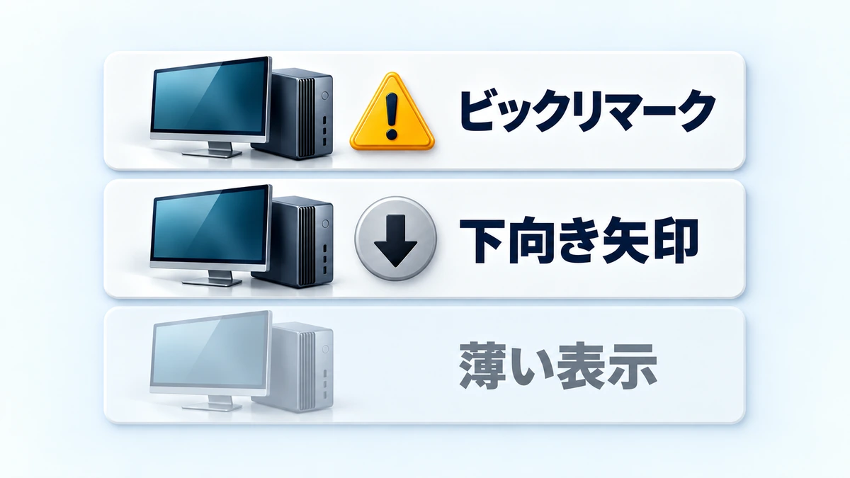 デバイスマネージャーで見るビックリマーク・下向き矢印・薄い表示の違いのイメージ図