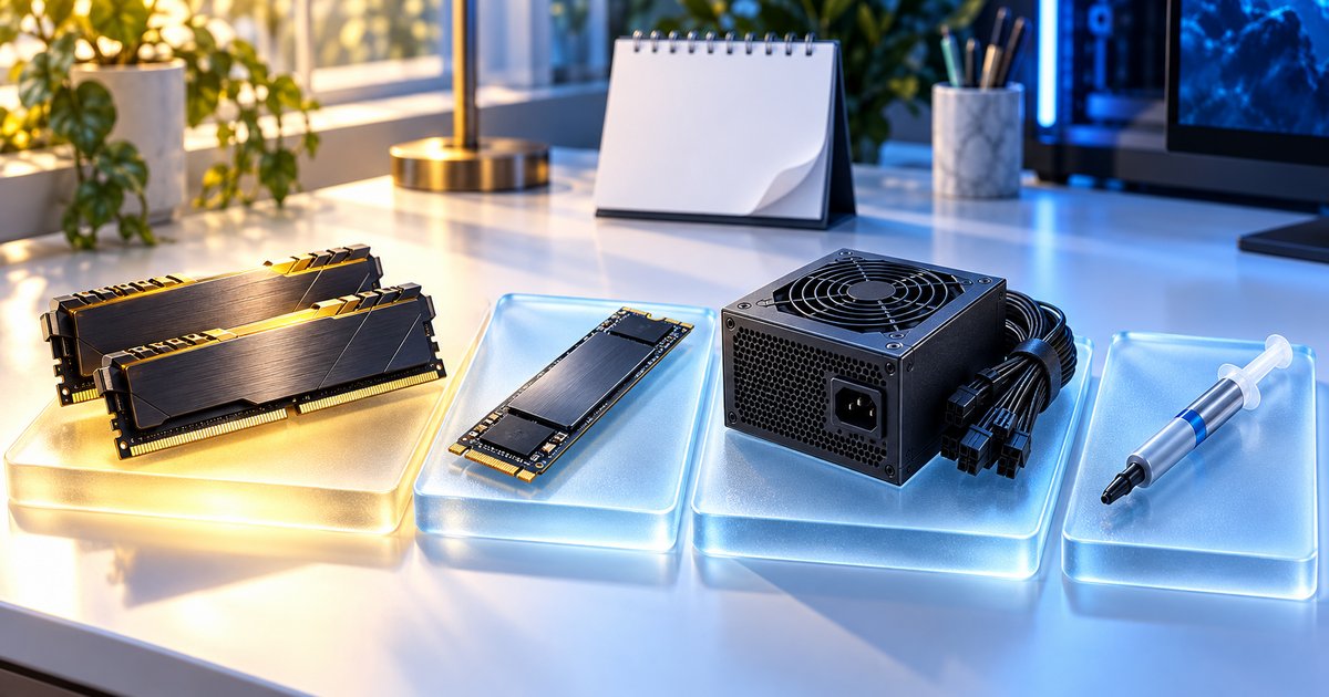 ドスパラのブラックフライデー先取りで特別価格になるメモリ・SSD・電源・グリスの4項目のイメージ図