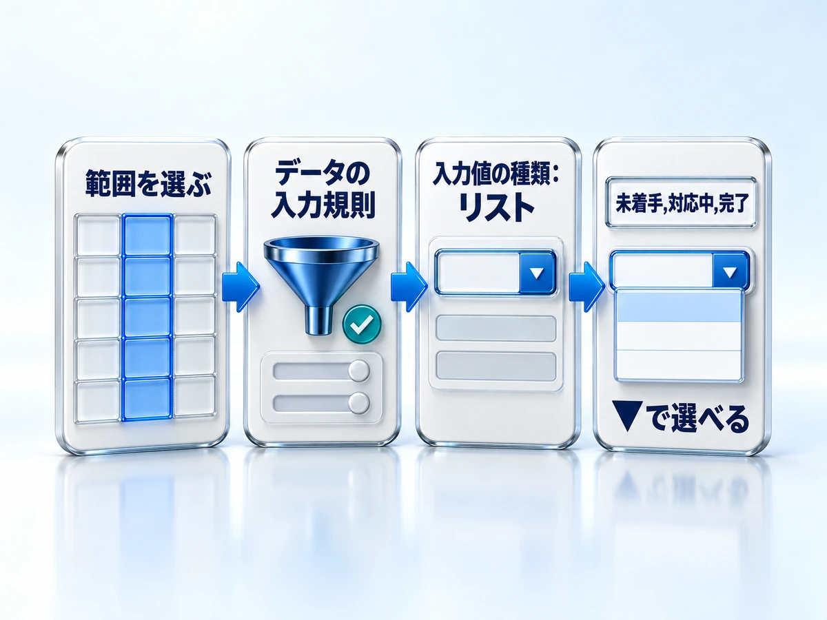 エクセルで範囲を選び、データの入力規則でリストを選んで選択肢をカンマ区切りで入れる流れの図