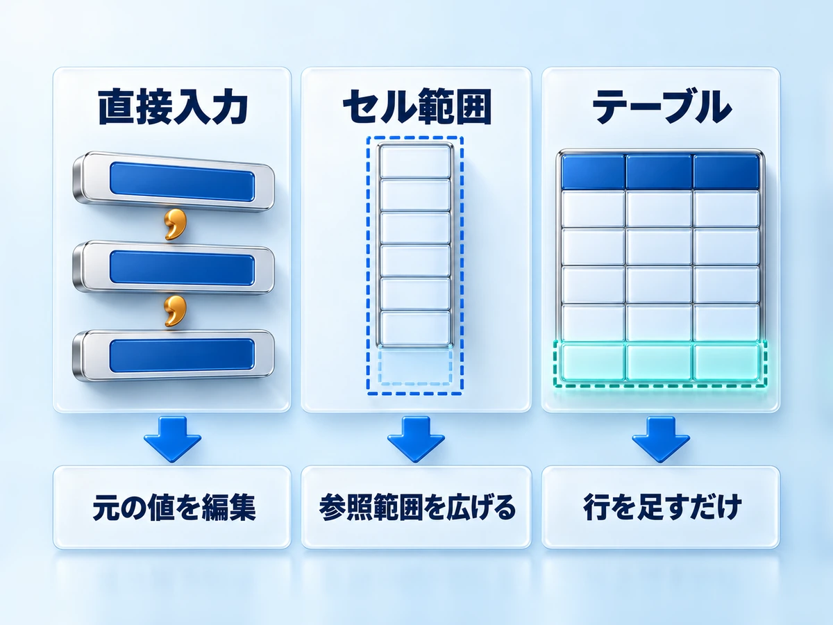 プルダウンの選択肢を追加するときに元の値の種類で直す場所が変わることを示す図