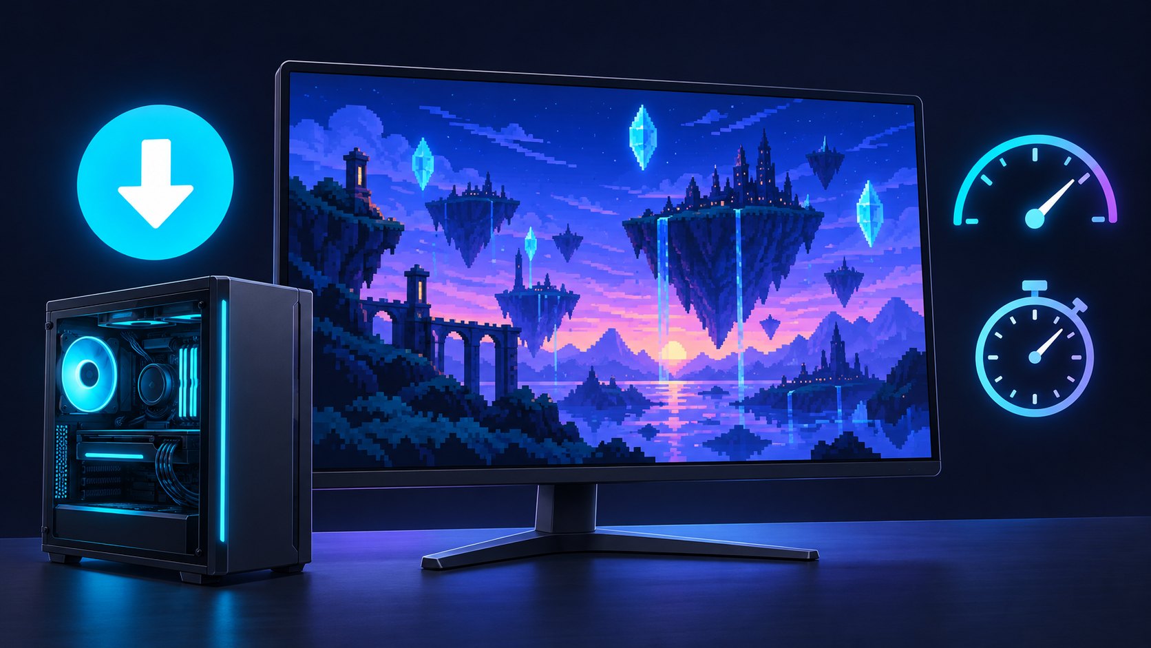 ゲーミングPC用のモニターに、ドット絵風の夕暮れの空と浮遊する島の風景が映るイラスト。左にダウンロードの矢印、右にゲージとストップウォッチのアイコンがある