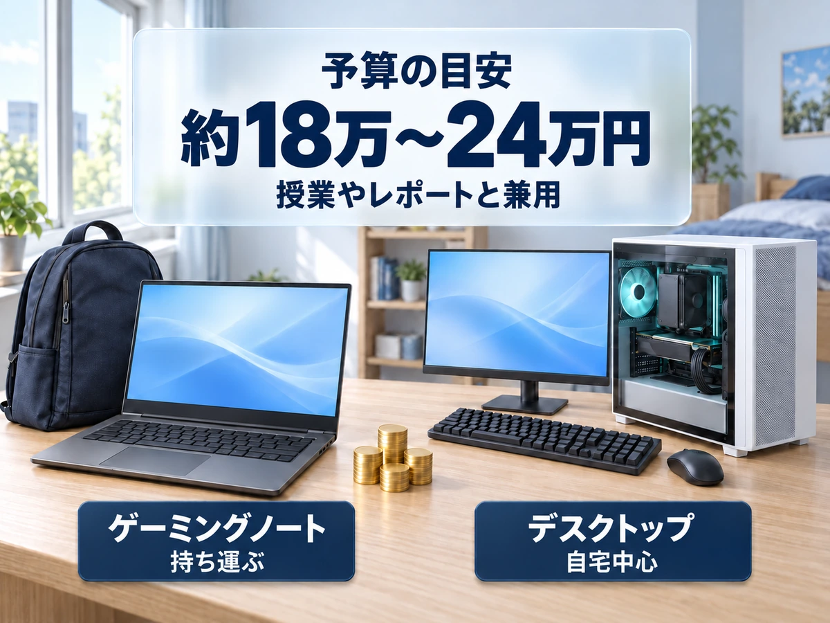 大学生のゲーミングPC予算の目安は、授業やレポートと兼用するなら約18万〜24万円。持ち運ぶならゲーミングノート、自宅中心ならデスクトップ