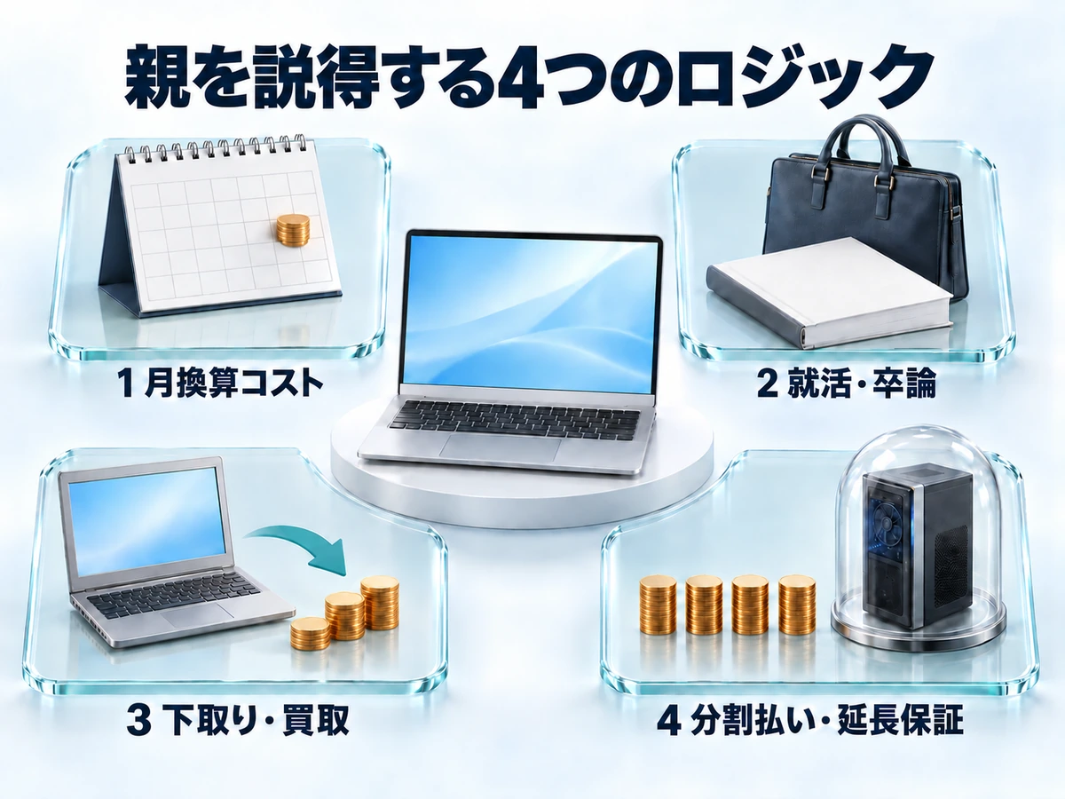 親を説得する4つのロジック。月換算コスト、就活・卒論、下取り・買取、分割払い・延長保証の4つで親の不安に答える