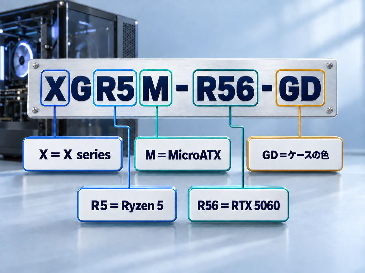 ガレリアの型番XGR5M-R56-GDの読み方を示す図解