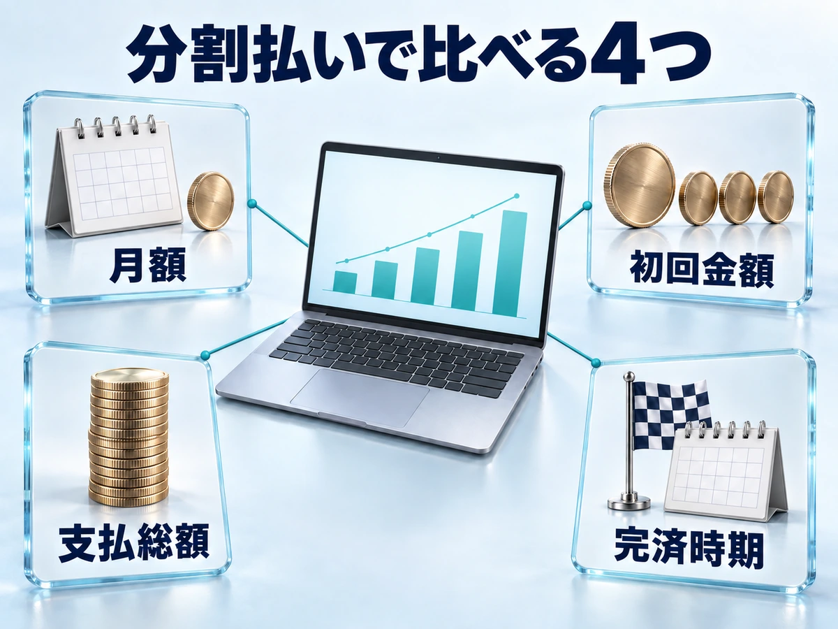 ノートパソコンの分割払いで比べる月額・初回金額・支払総額・完済時期の4つの軸を示す図