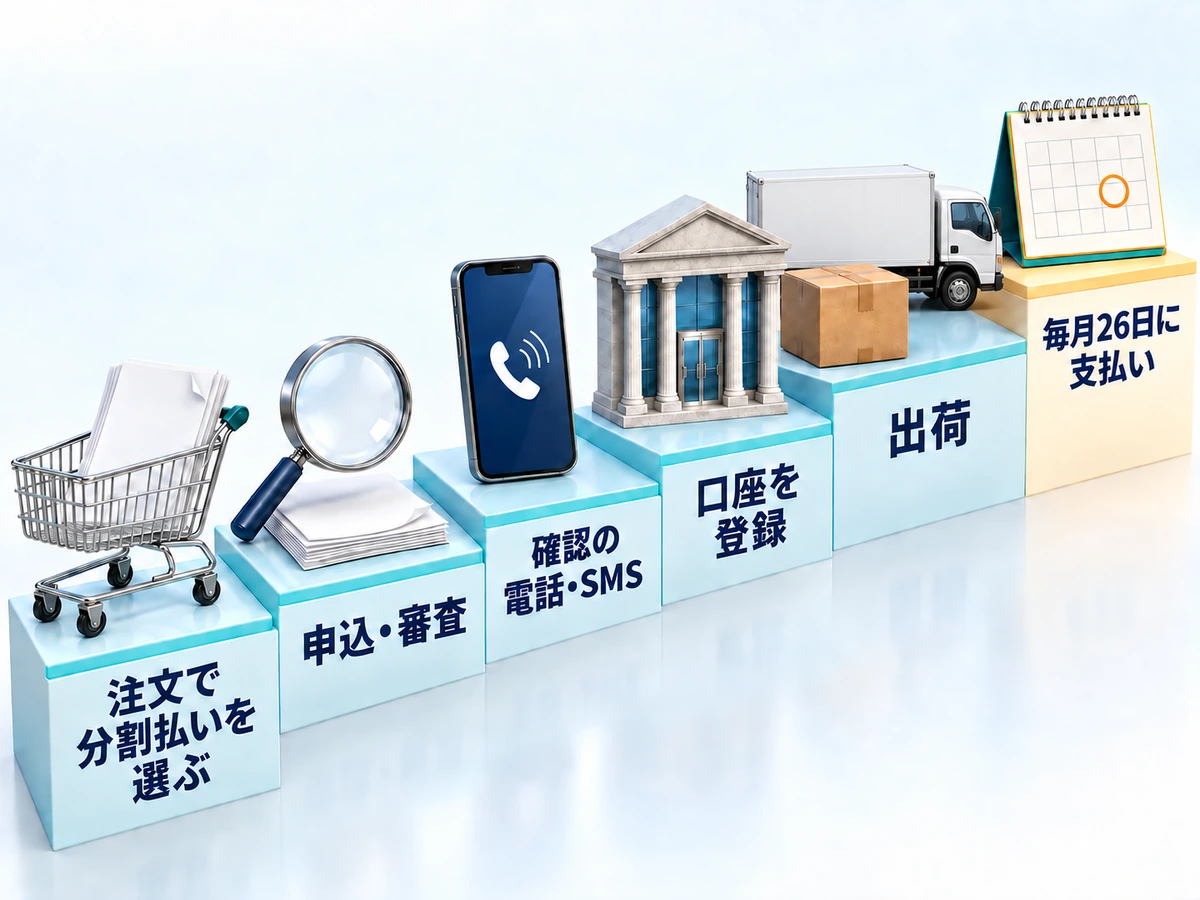 ノートパソコンを分割払いで注文してから審査・口座登録・出荷を経て毎月26日に支払うまでの流れ