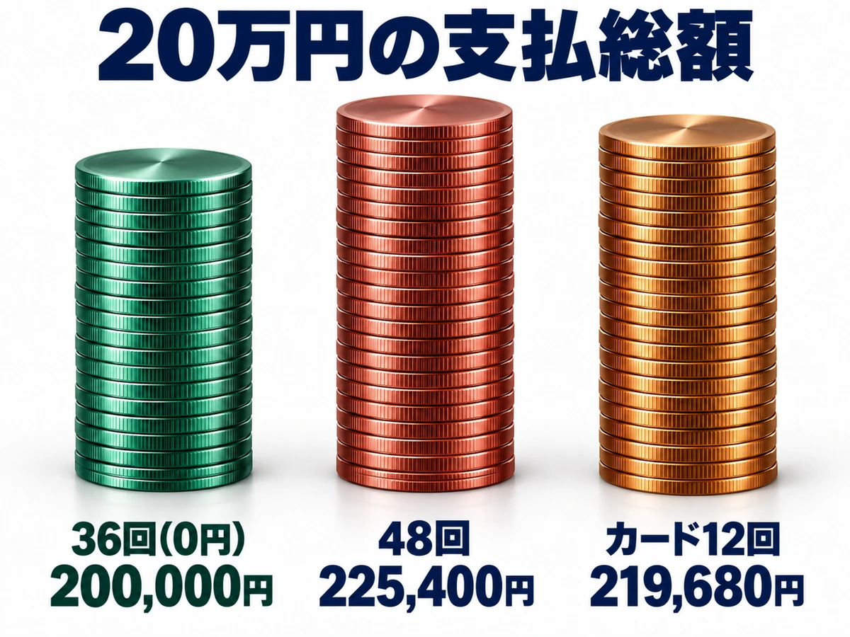 20万円を手数料0円の36回、有料の48回、カード12回で払ったときの支払総額を比べた棒グラフ