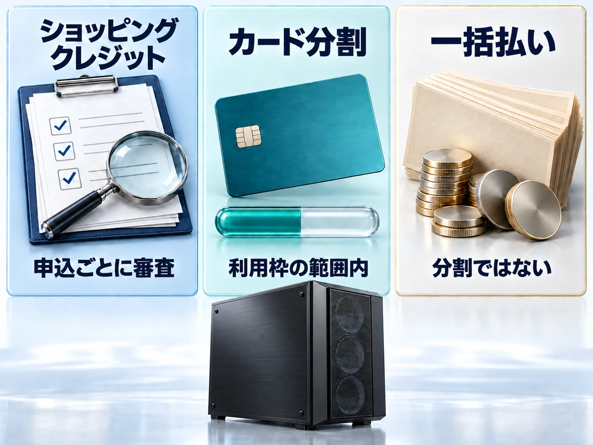 ゲーミングPCの支払い方法ごとの審査の違いを、ショッピングクレジット・カード分割・一括払いで比べた図