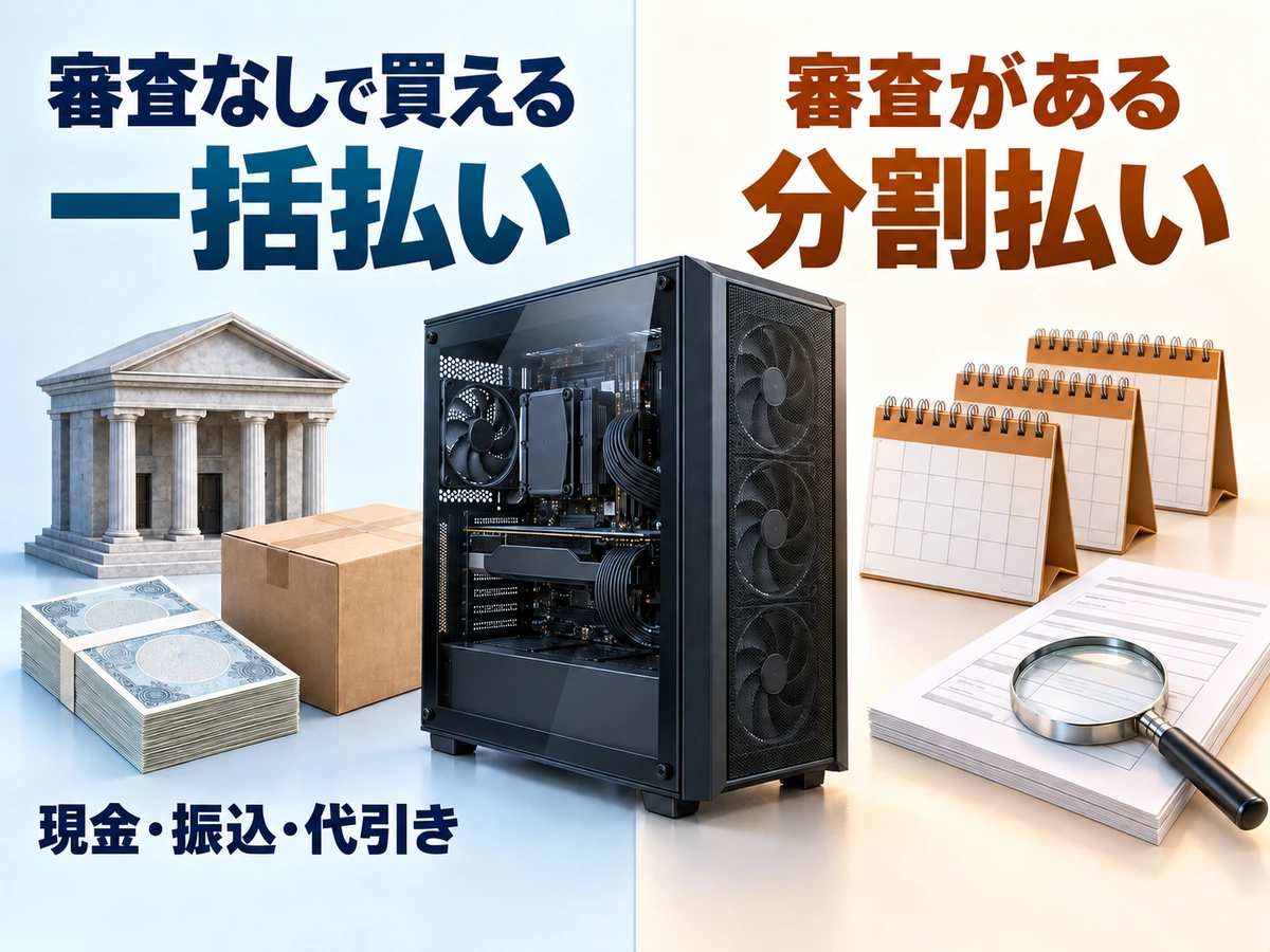 審査なしで買える一括払いと審査がある分割払いの違いを示す比較図