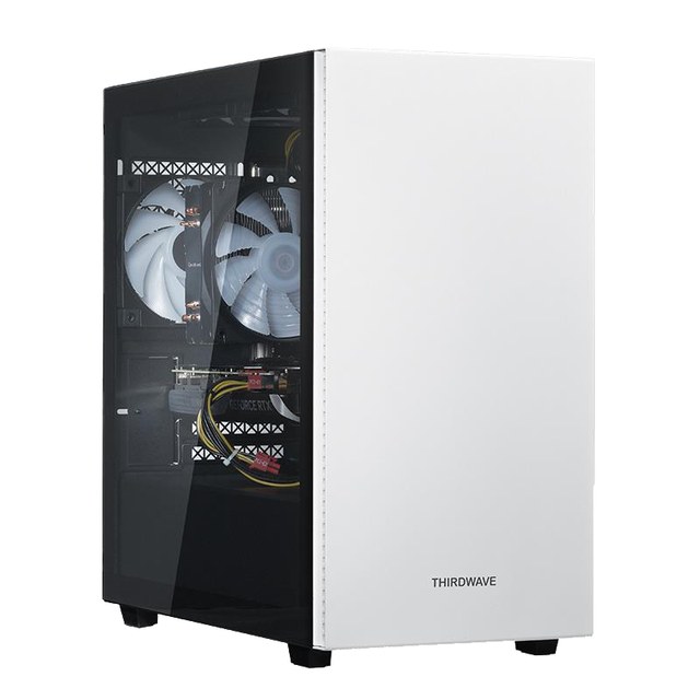 ドスパラ公式の商品写真。白いフロントパネルとガラスのサイドパネルを備えたTHIRDWAVE AD-R5A35A-01Wのミニタワー