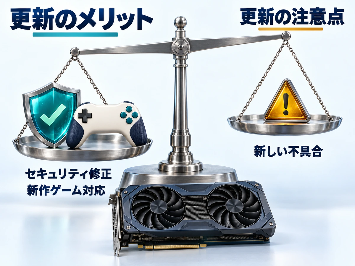 グラボドライバ更新のメリット(セキュリティ修正・新作ゲーム対応)と注意点(新しい不具合)を天秤で比べた図