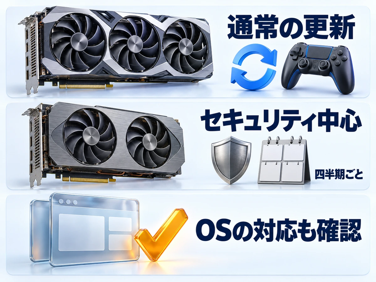 グラボのドライバは世代やOSによって通常の更新とセキュリティ中心の四半期ごとの更新に分かれることを示した図
