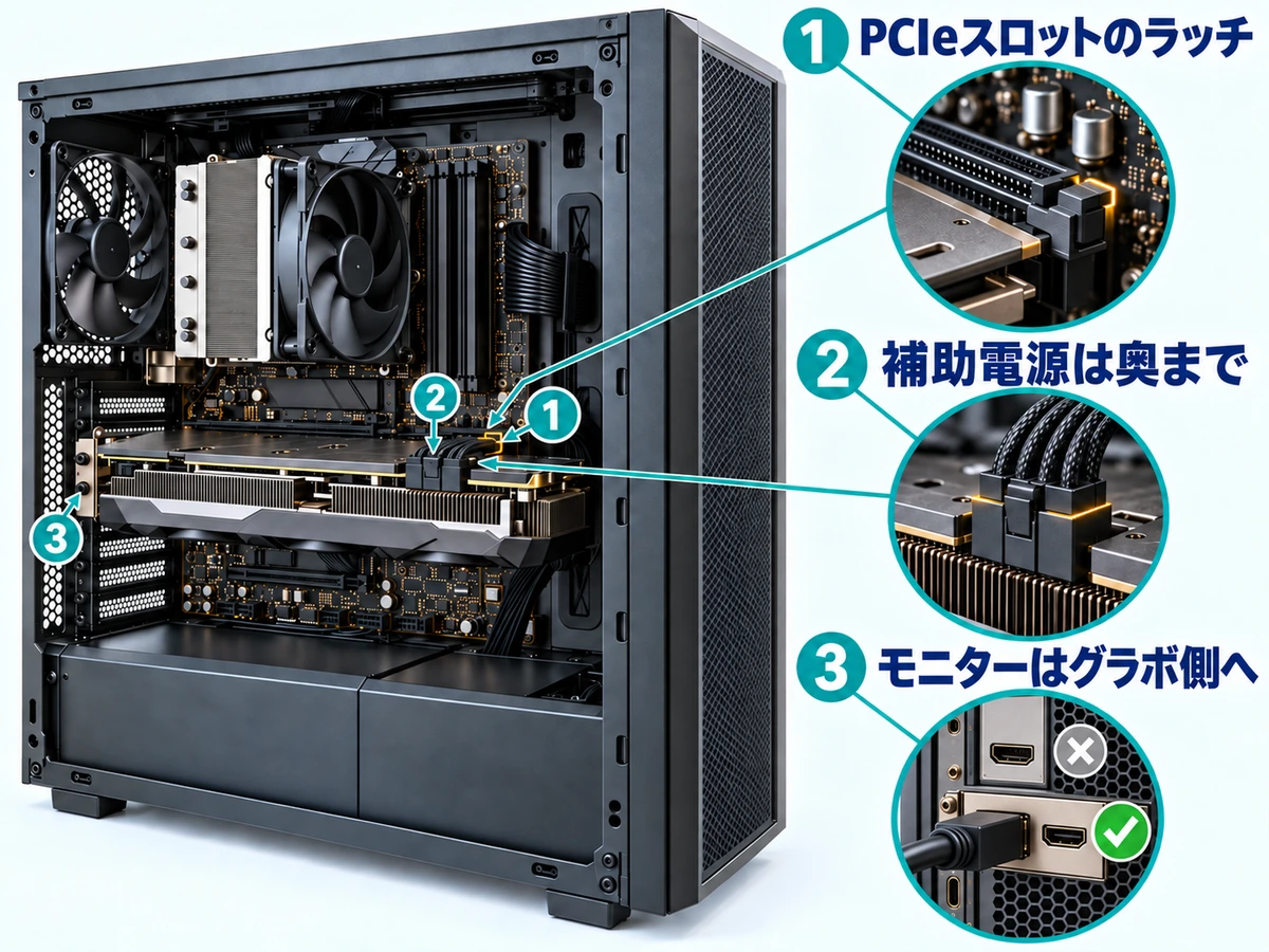 グラボ交換で間違えやすいPCIeスロットのラッチ・補助電源・モニターケーブルの接続先を示した図