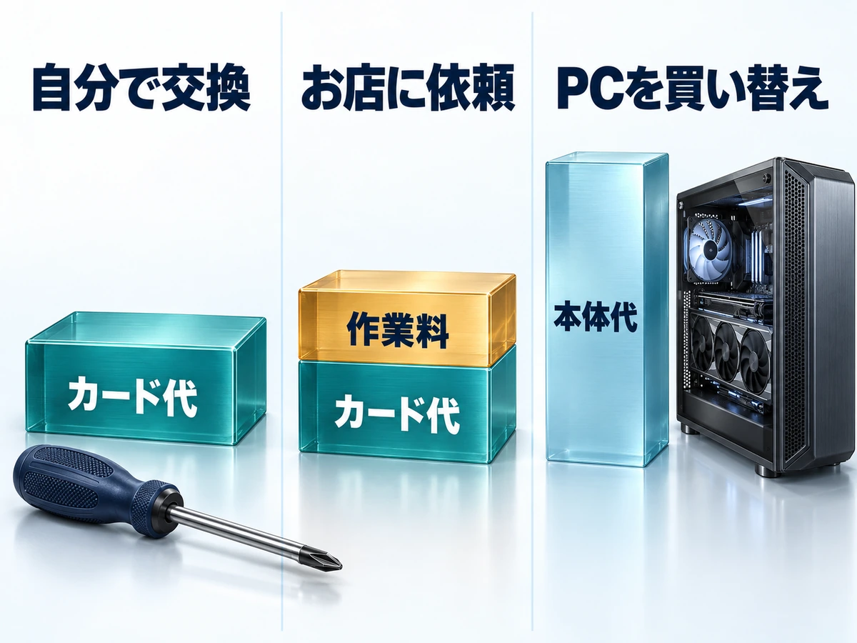 グラボ交換を自分で行う・お店に頼む・PCを買い替えるの3つで必要な費用の内訳を比べた図