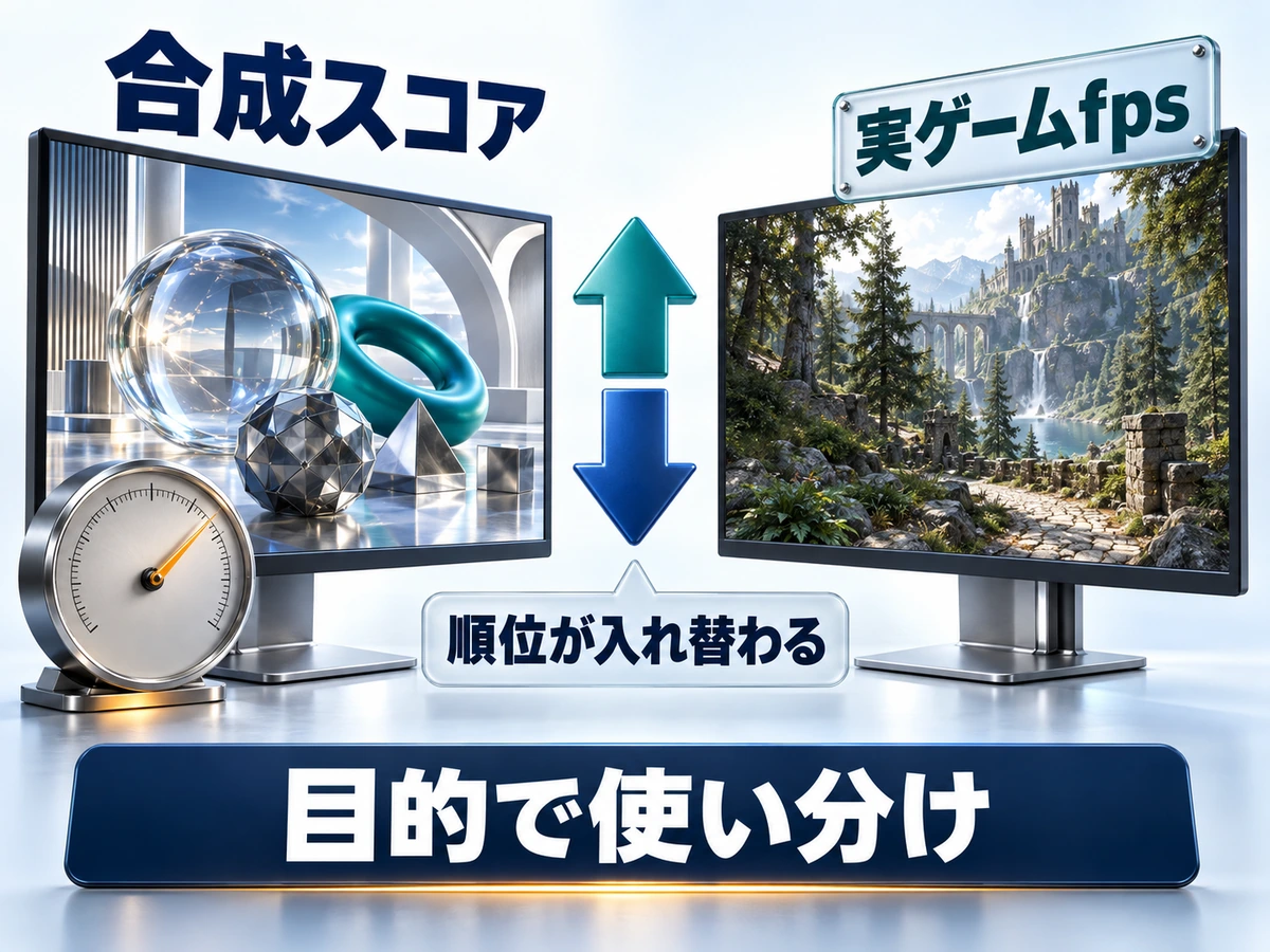 ベンチマークの合成スコアと実ゲームのfpsでは順位が入れ替わることがあるため目的で使い分けることを示した図