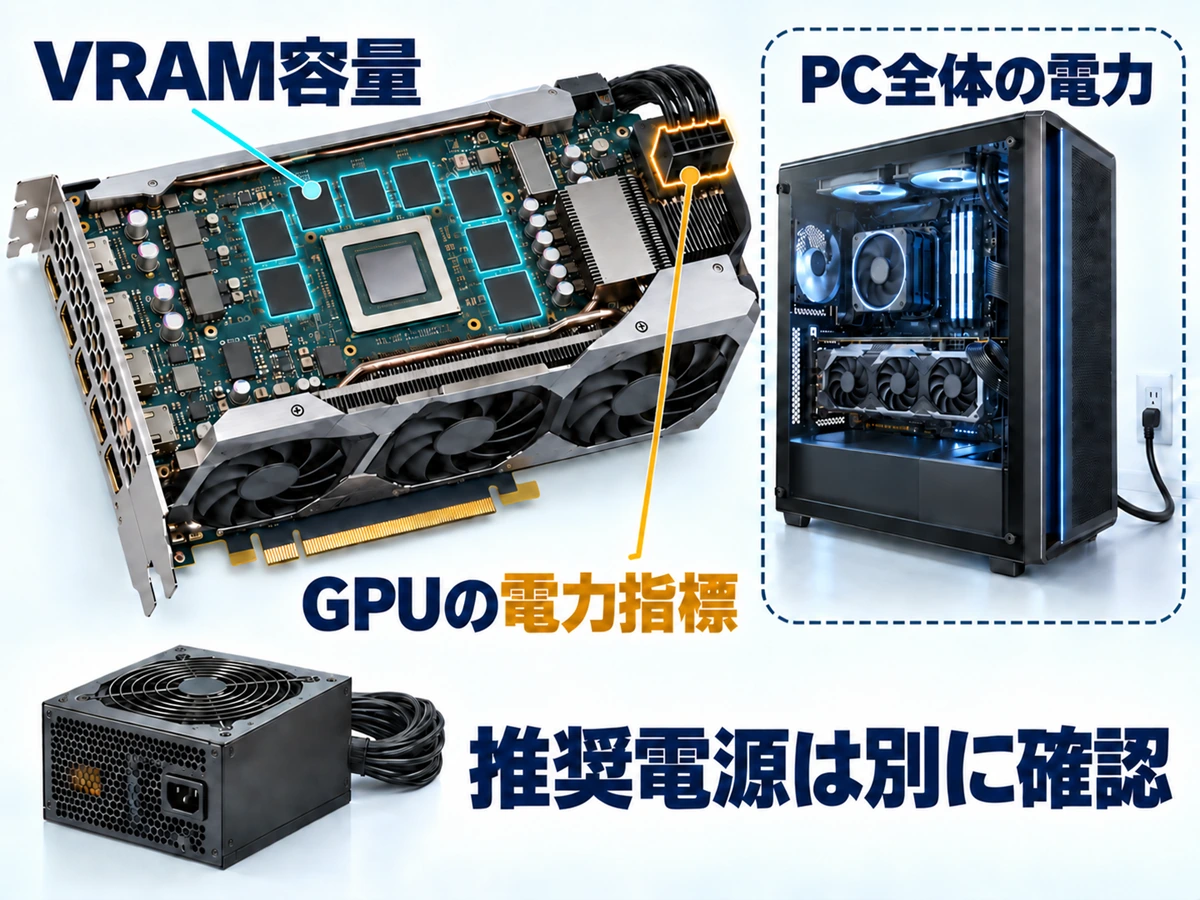 グラボのVRAM容量・GPUの電力指標とPC全体の消費電力は別物で推奨電源は別に確認することを示した図