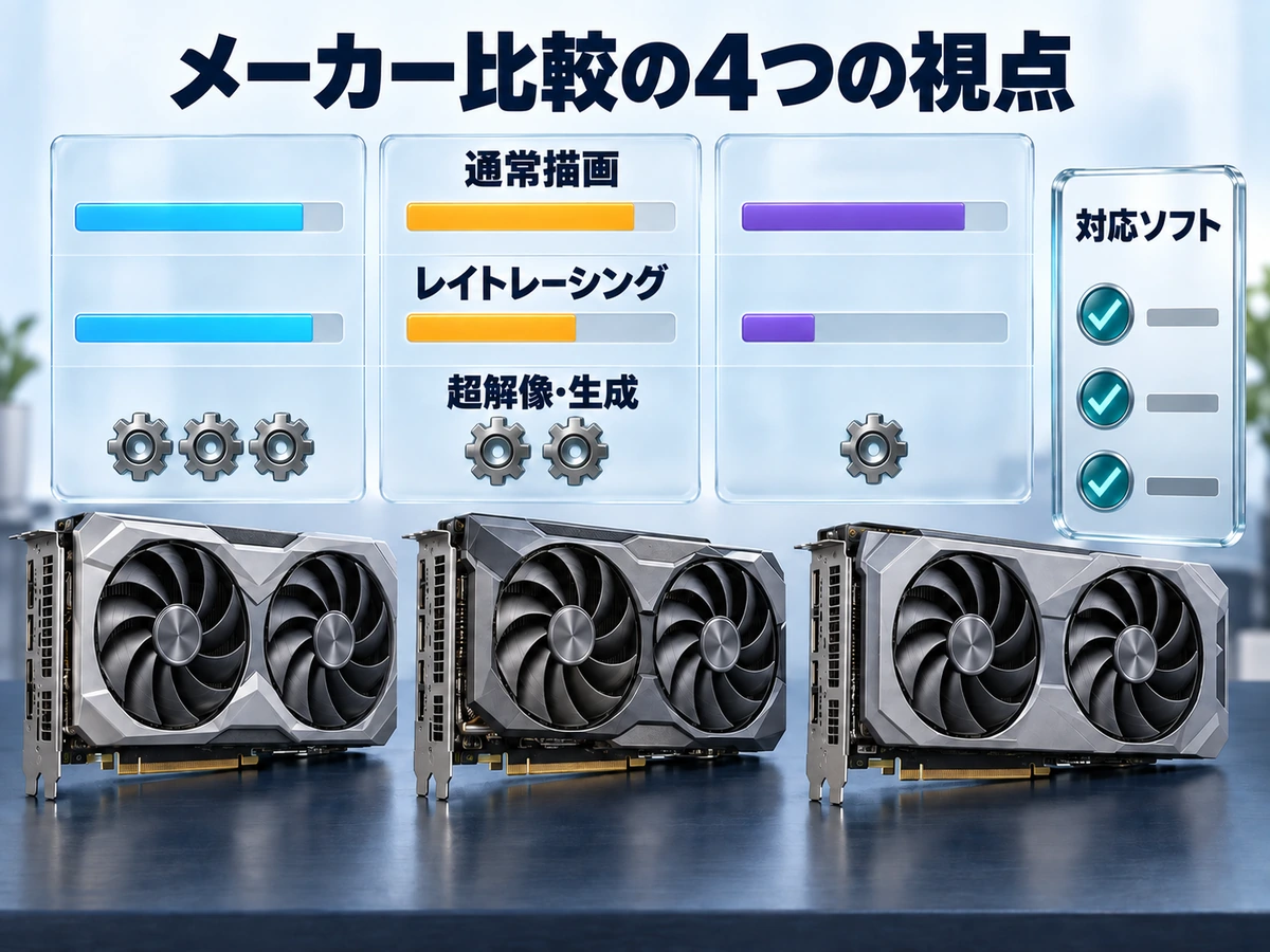 グラボをメーカーで比べるときの通常描画・レイトレーシング・超解像と生成・対応ソフトの4つの視点を示した図