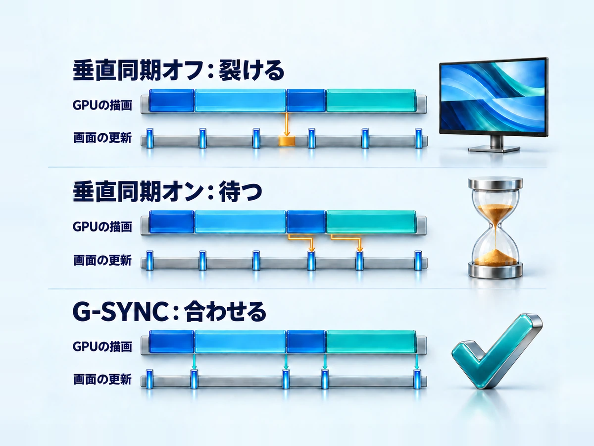 垂直同期オフ・垂直同期オン・G-SYNCの表示タイミングを比べた図