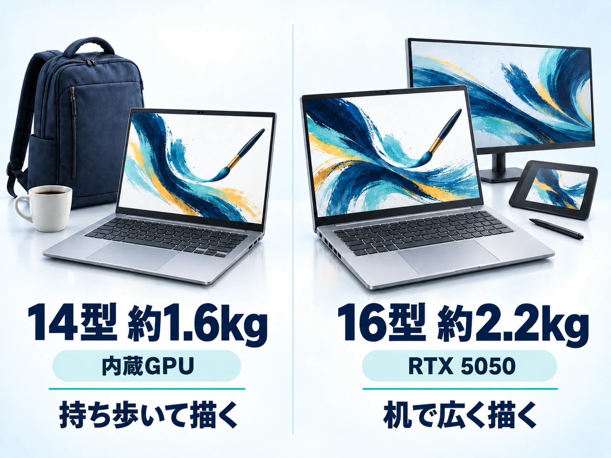 イラスト向けノートPCの14型と16型を重さとGPUで比べた図