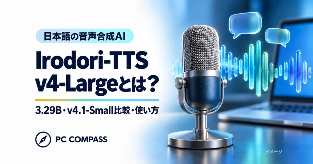 Irodori-TTS-v4-Largeとは何か、使い方と性能を解説する記事のサムネイル。マイクと音声の波形のイメージ