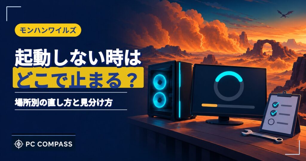 モンハンワイルズが起動しない時に、止まる場所を確かめる対処を解説する記事のアイキャッチ