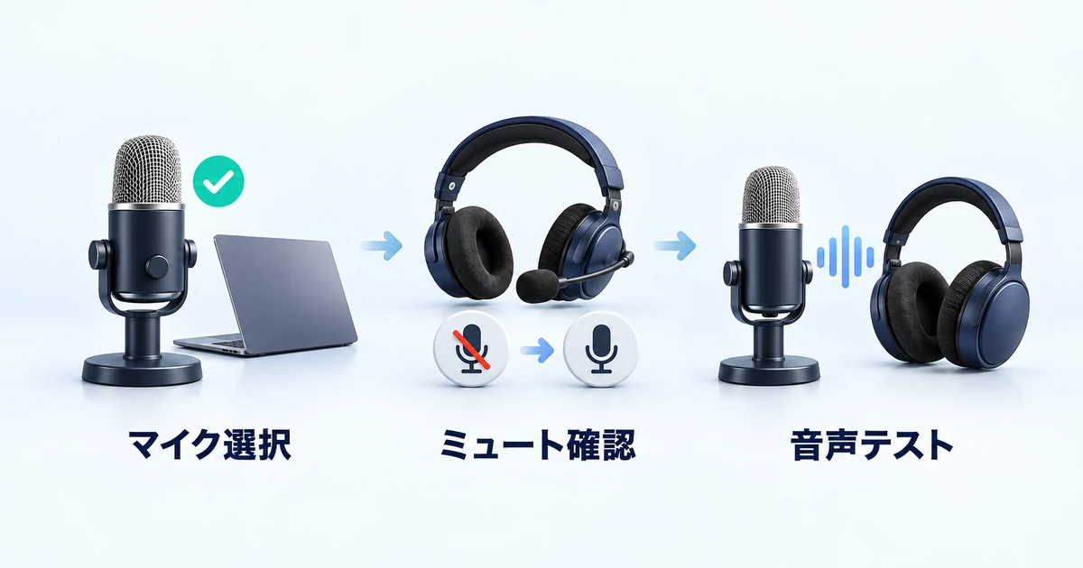 アプリで使うマイクの選択、ミュート状態の確認、音声テストの順に確認する図