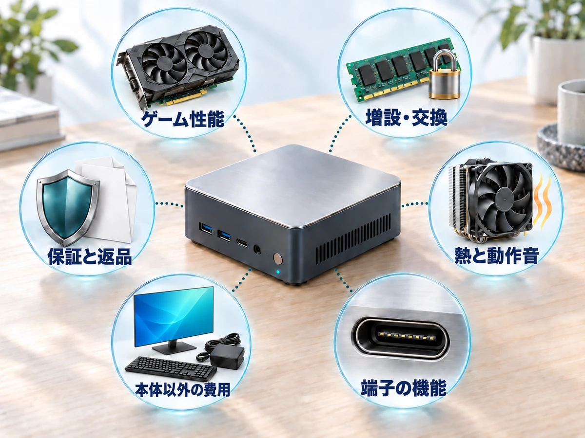 ミニPCで後悔する6つの理由をゲーム性能・増設と交換・熱と動作音・端子の機能・本体以外の費用・保証と返品のアイコンで示した図