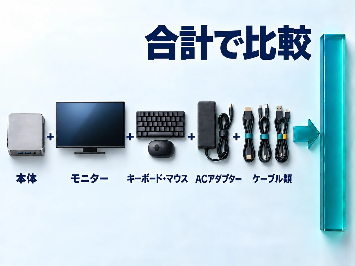 ミニPCの本体にモニター・キーボードとマウス・ACアダプター・ケーブル類を足して合計で比べる考え方を示した図