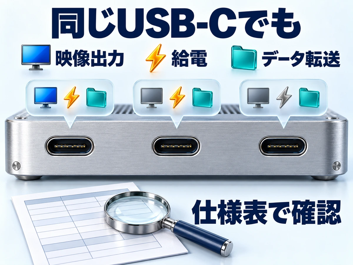 形が同じUSB-Cでも映像出力・給電・データ転送の対応が端子ごとに違うことを示した図