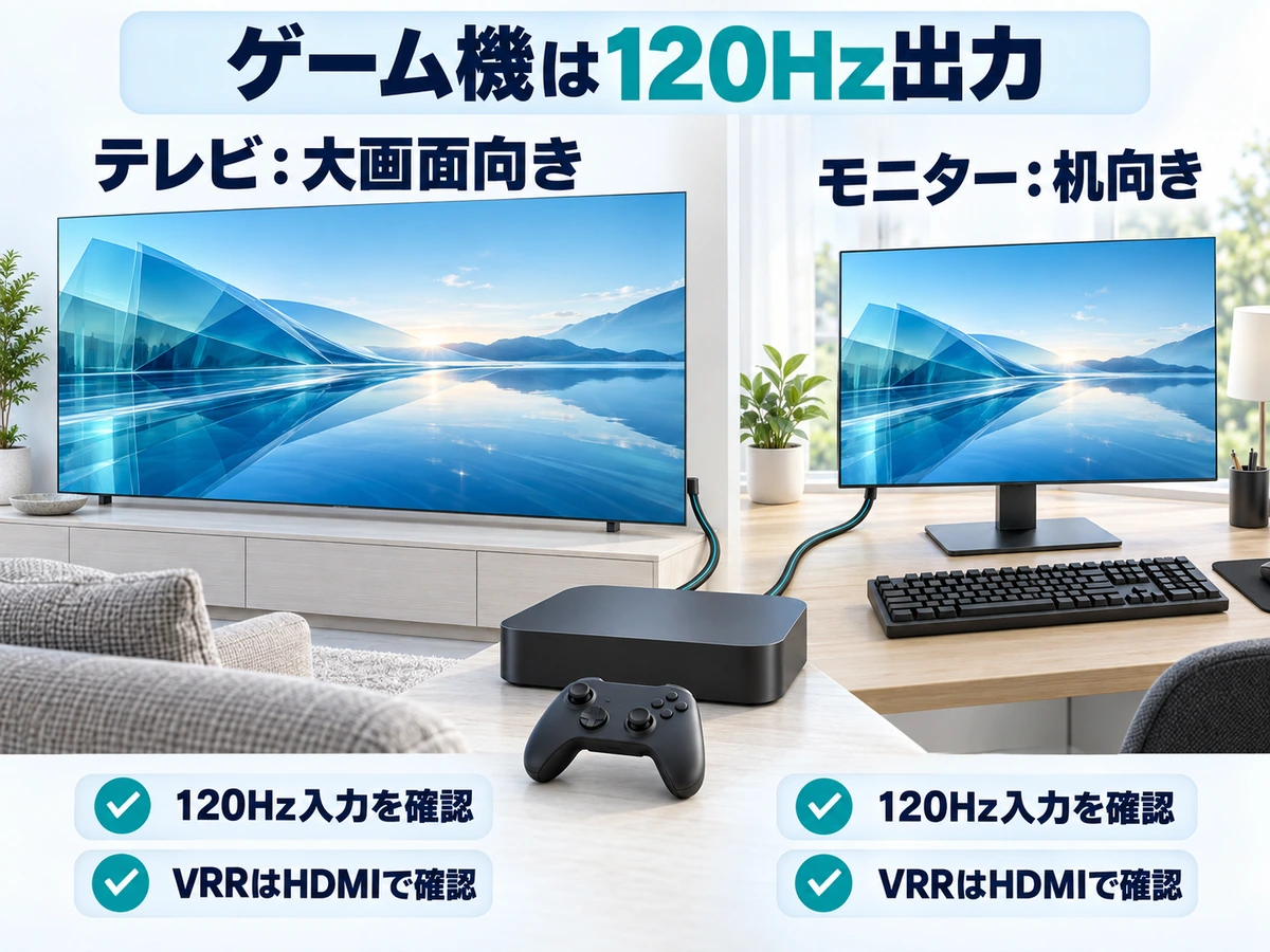 ゲーム機の120Hz出力をテレビとゲーミングモニターで受けるときの確認点の図