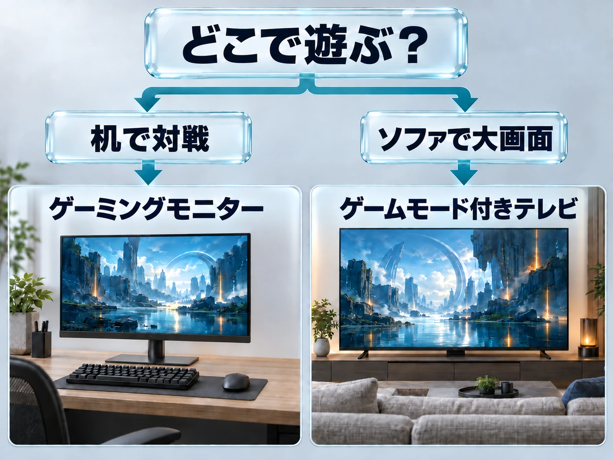 遊ぶ場所と遊び方からゲーミングモニターとテレビを選ぶ判断フロー