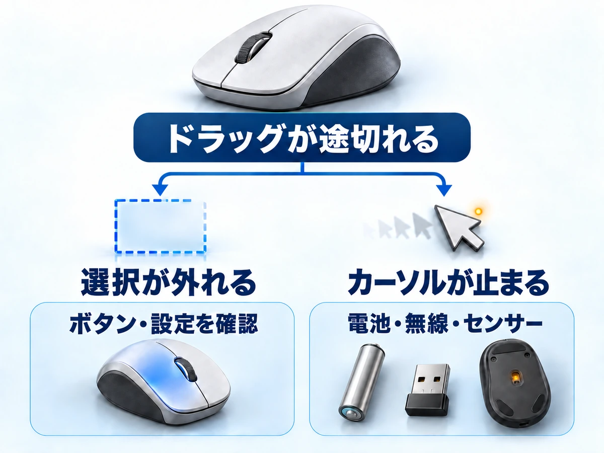 マウスのドラッグが途切れるときにボタン入力の途切れとカーソルの停止を分けて原因を探す図