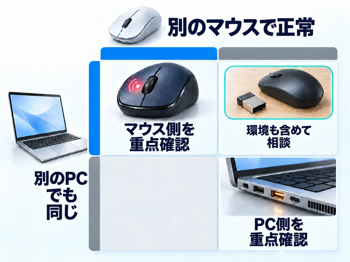別のマウスと別のPCで試した結果からマウス側とPC側のどちらを重点的に確認するかを示す2×2の図