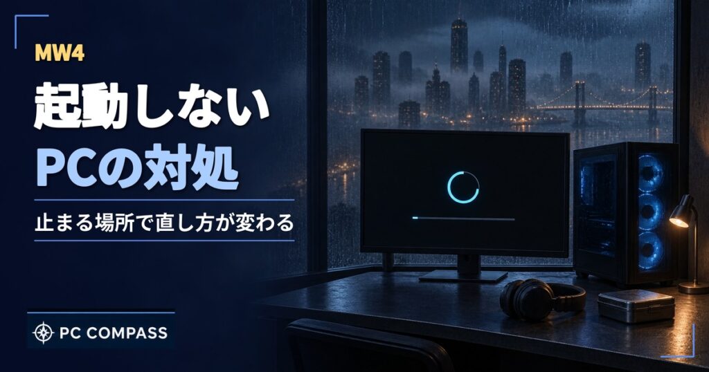MW4が起動しない時の対処を解説する記事のアイキャッチ（読み込みが止まったランチャー画面と、前に立つゲーミングPC）