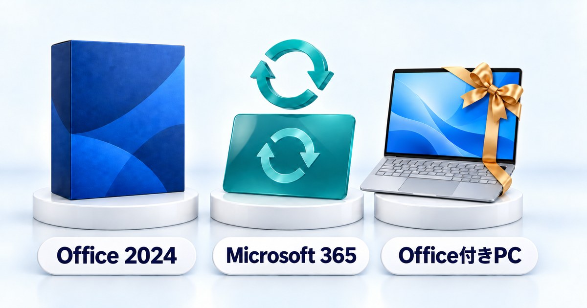 Office 2021からの移行先3つ(買い切りのOffice 2024、サブスクのMicrosoft 365、Office付きPC)を並べたイメージ図