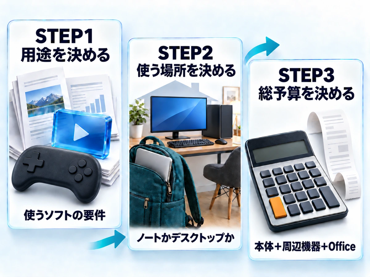 初心者のパソコンの選び方を用途・使う場所・総予算の3ステップで示す図