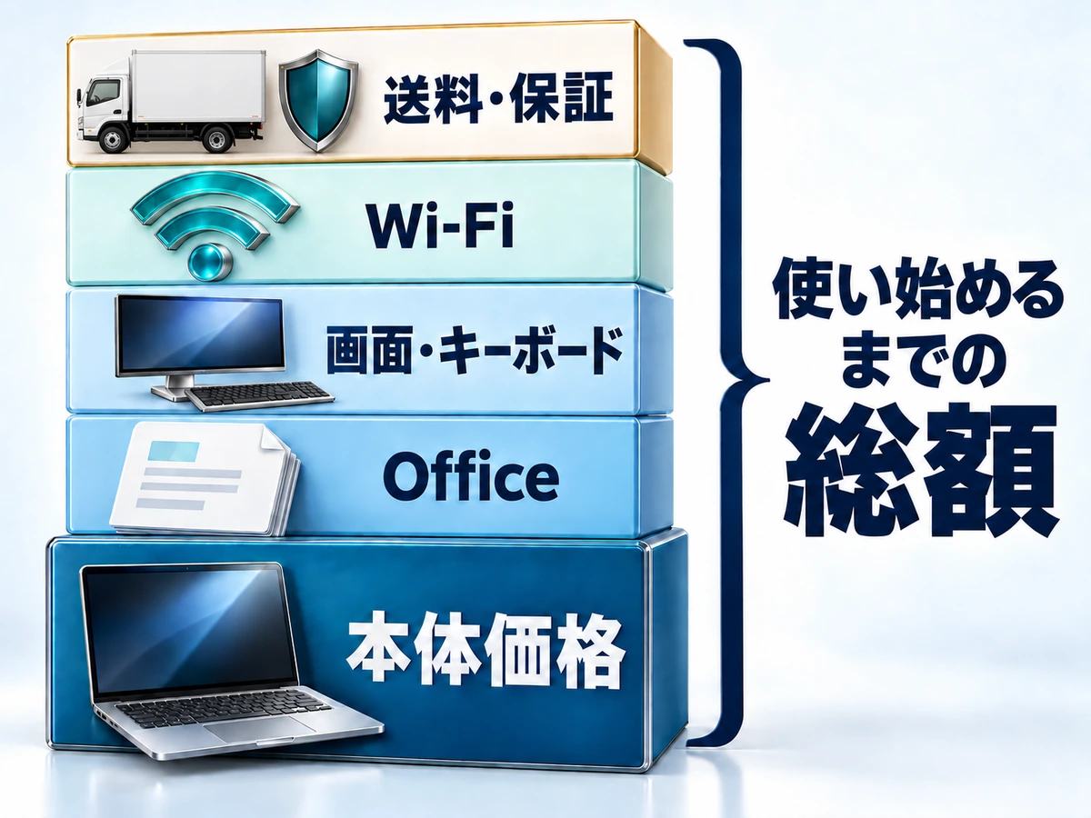 初心者がパソコンを買うときに本体価格へ足す費用(Office・周辺機器・Wi-Fi・送料)を示す図