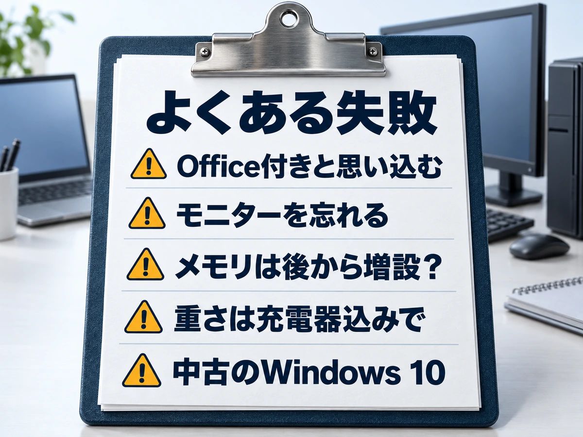 初心者がパソコン選びでよくある5つの失敗をまとめたチェック図