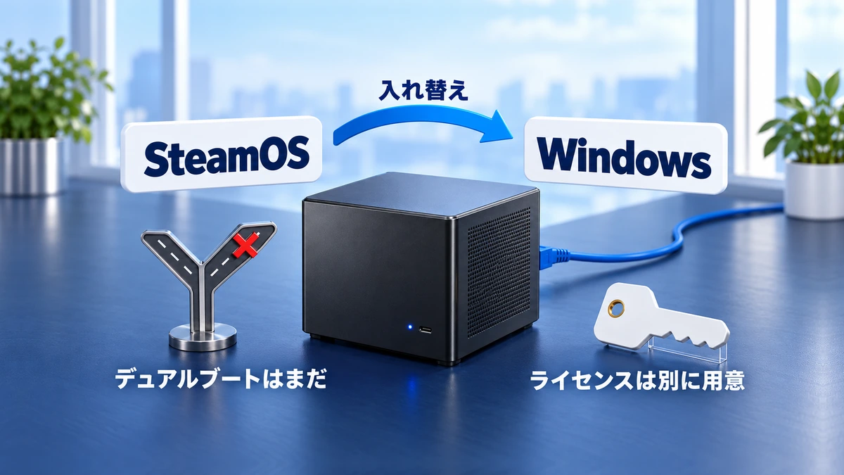 Steam MachineにWindowsを入れるにはSteamOSを消して入れ替え、デュアルブートはまだ使えず、ライセンスは別に用意することを示す図
